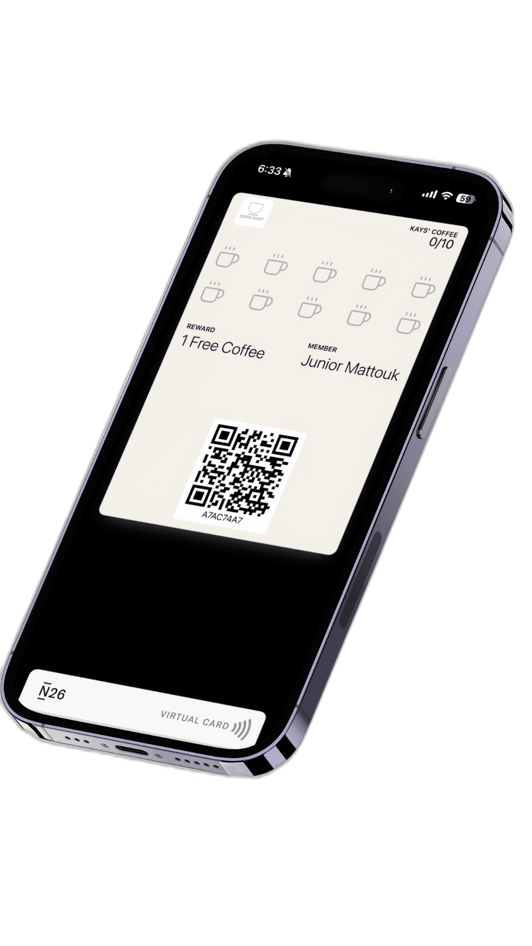 A loyalty card added to Apple Wallet on an iPhone lock screen